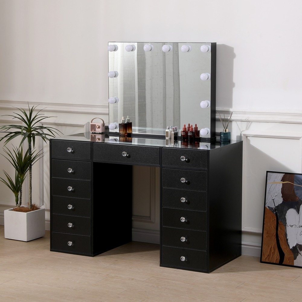 Vanity Table 120cm Glass Top & Hollywood Full Mirror Black - 6961059