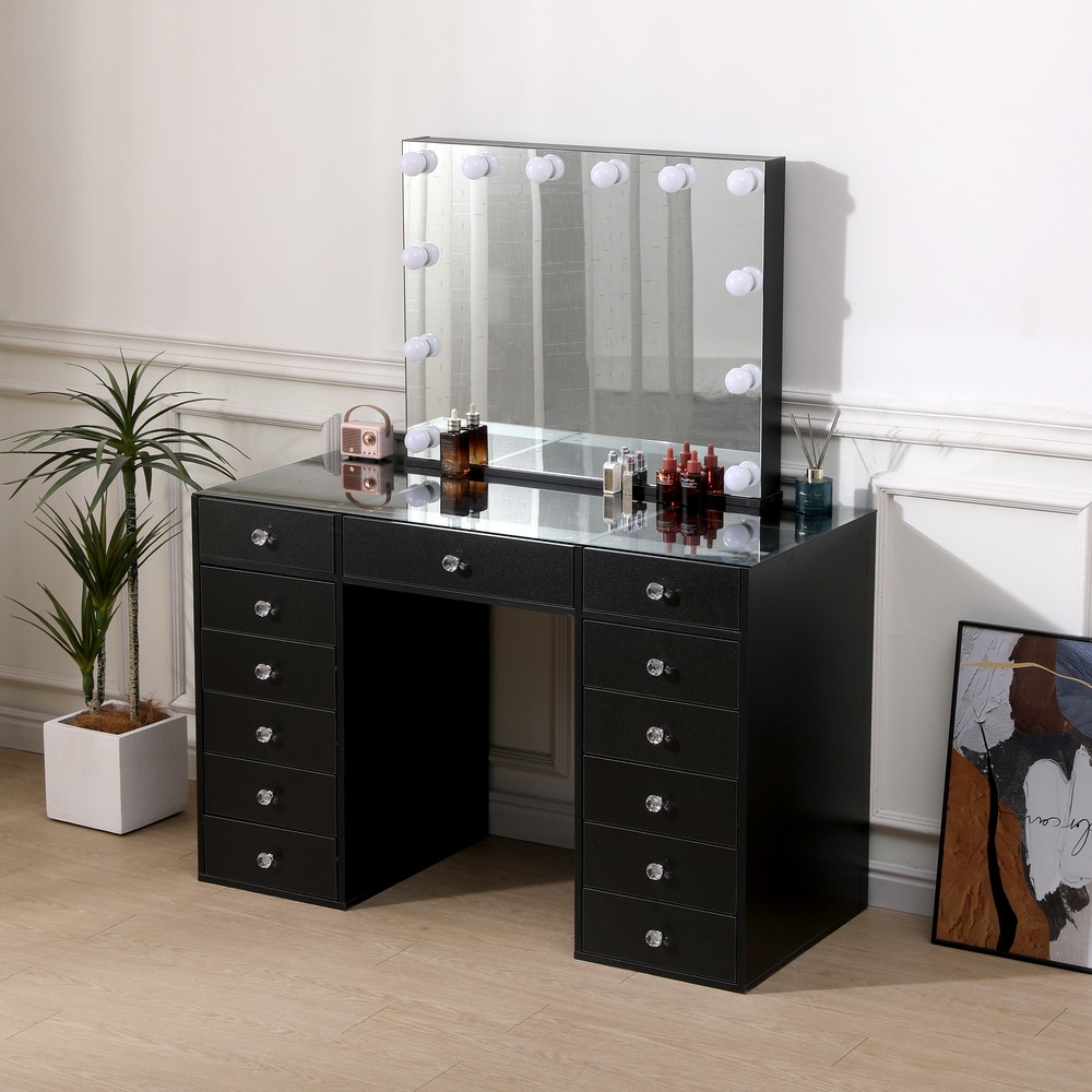 Vanity Table 120cm Glass Top & Hollywood Full Mirror Black - 6961059