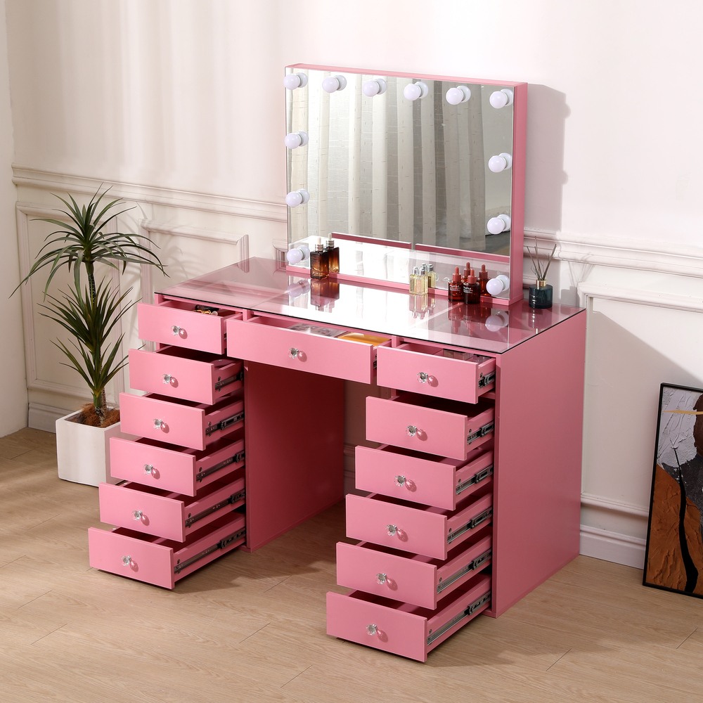 Vanity Table Glass Top & Hollywood Full Mirror Pink - 6961032 BOUDOIR LUXURY COLLECTION