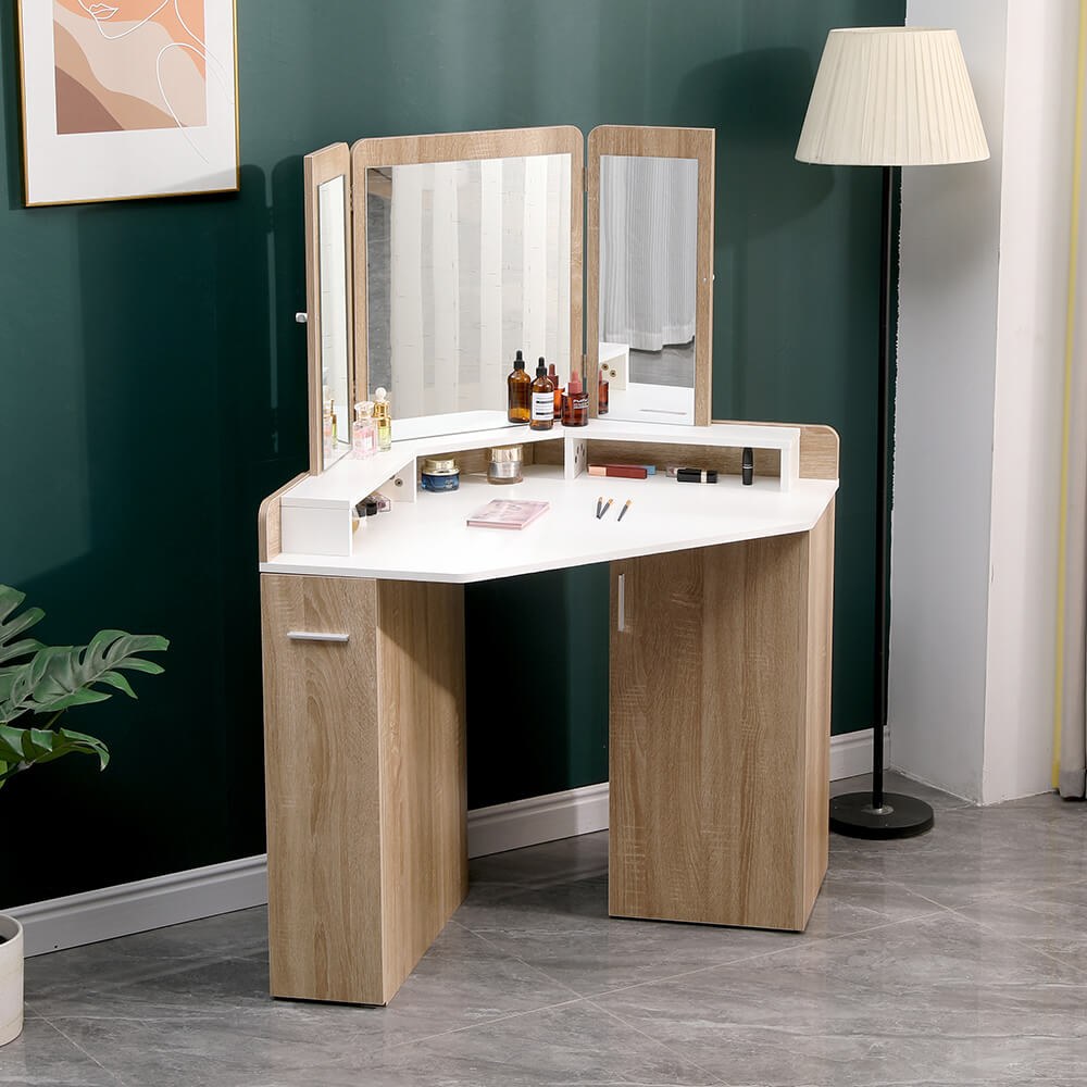 Corner Vanity Dressing Table & Trifold Mirror Natural White-6961066 BOUDOIR LUXURY COLLECTION