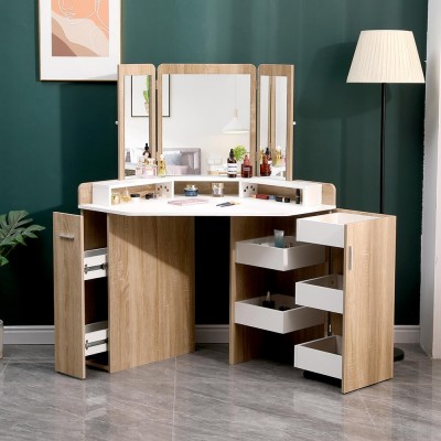Corner Vanity Dressing Table & Trifold Mirror Natural White-6961066