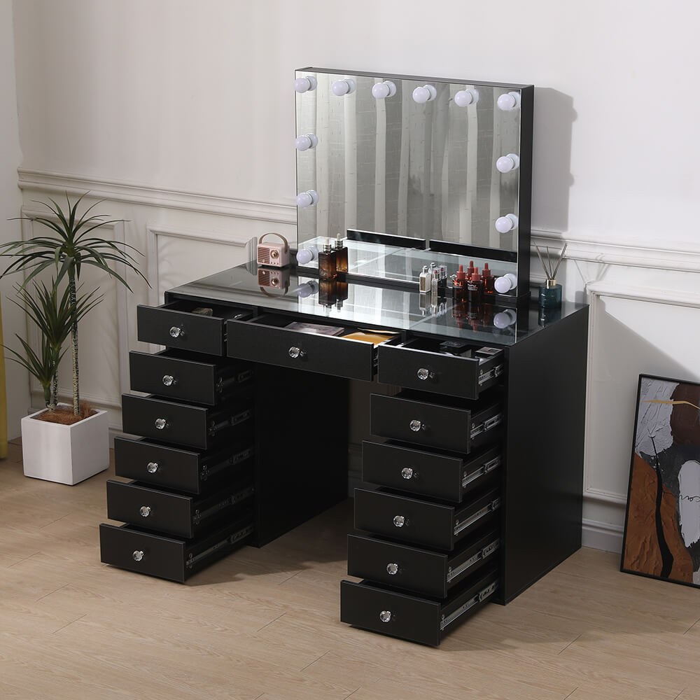 Full Set Vanity Table Black & Hollywood Full Mirror with 2 storage shelves-6910022 BOUDOIR LUXURY COLLECTION