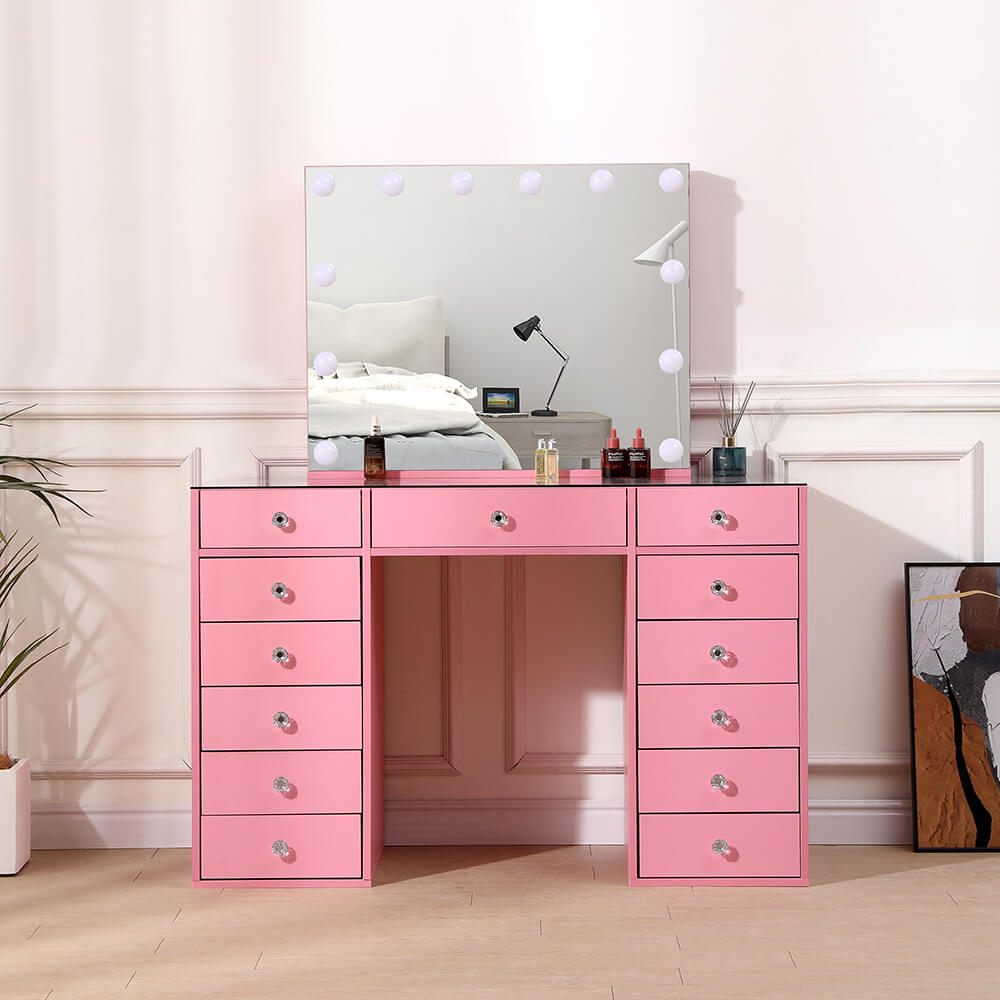 Full Set Vanity Table Pink & Hollywood Full Mirror with 2 storage shelves-6910021 BOUDOIR LUXURY COLLECTION